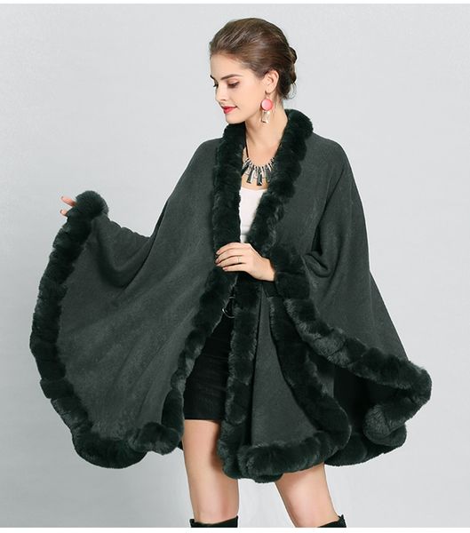 

european and american imitation fox fur collar knitted large shawl cape capeponcho sweatshirt women clothes hoodie trench coat, Black