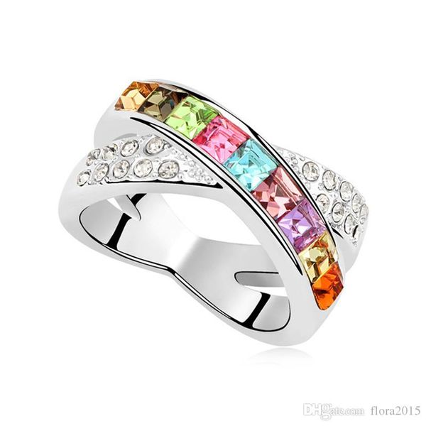 

selling x shape design rings for women wedding party jewelry with multicolor swarovski elements crystal anillos marcas lujo mujer, Silver