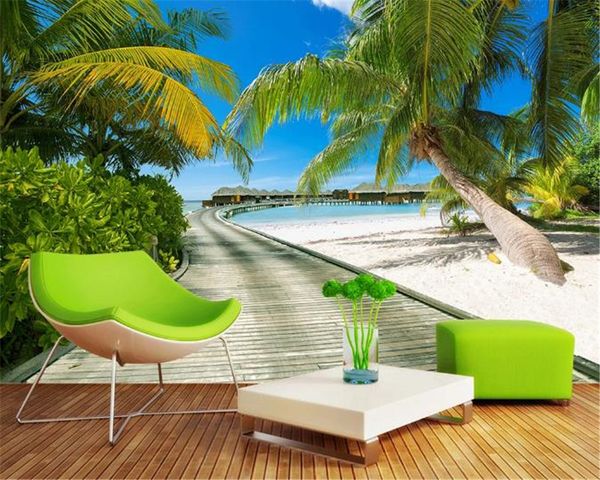 

3d wallpaper living room ocean promenade green shadow road 3d landscape background wall hd digital printing moisture wall paper