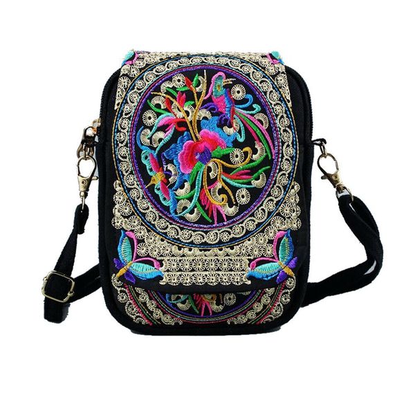 

embroidery bag national ethnic embroidered canvas cover shoulder messenger bags small coins phone bags, Red;black
