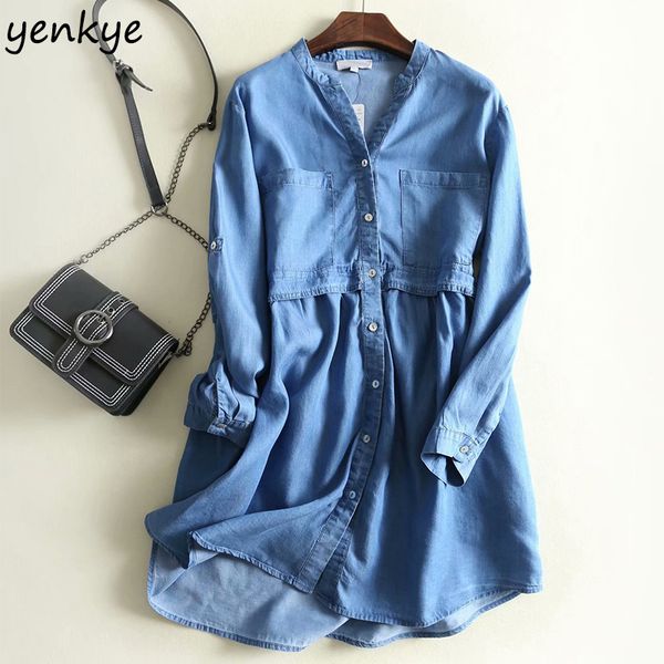 

2019 women vintage blue denim dress female v neck long sleeve pockets plus size casual dress summer short vestidos, Black;gray