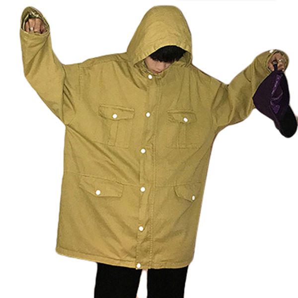 

oversized vintage mens overcoat long denim hooded korean trench coat men streetwear hip hop sobretudo masculino outerwear homme, Tan;black