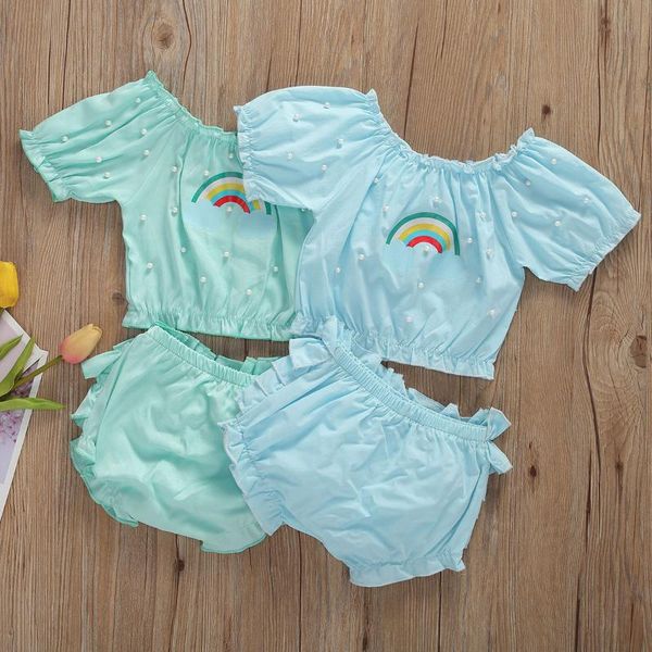 

fashion baby girls 2pcs outfits set cotton short sleeve rainbow pearl t shirt +solid short pants summer casual clothes, White