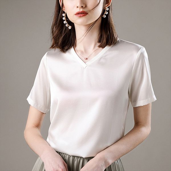

v-neck t-shirt nv duan xiu vest loose l mulberry silk t-shirt vest half-women's light, White