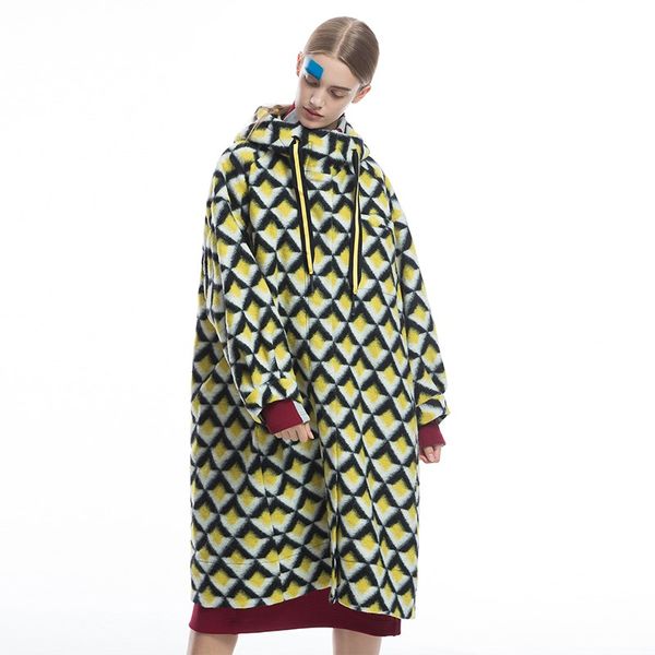 

2019 new winter women thicken warm oversized hooded woolen jacket ladies casual ultra loose plaid long coat outerwear overcoat, Black