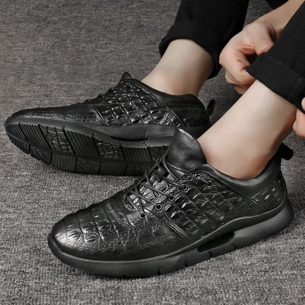 

genuine leather casual shoes men lace-up comfortable oxfords shoe mens crocodile pattern trend sneakers fashion walking shoes, Black