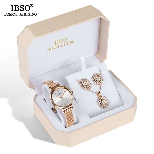 

ibso brand women crystal design watch set female jewelry set fashion creative quartz watch earring necklace lady's gift, Slivery;brown
