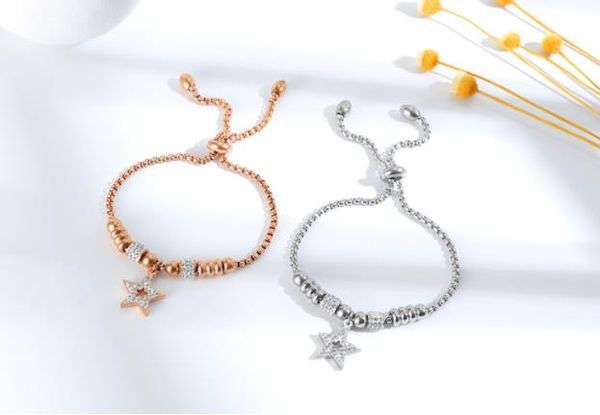 

fashionable hollow-out round bead set with diamond star bracelet adjustable bracelet plated rose gold lady silver bracelet, Golden;silver