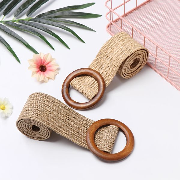 

2019 round wooden buckle dress belt for women casual female braided wide strap female woven girls elastic pp straw belt, Black;brown