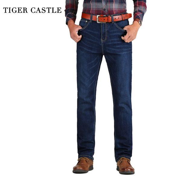 

tiger castle loose straight jeans men elastic cotton classic male stretch denim pants brand spring autumn men's long trousers, Blue
