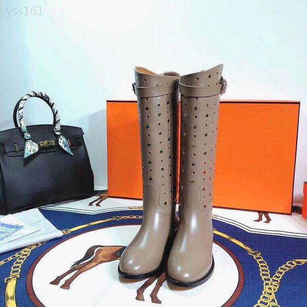 

europe and america autumn and winter new women's calfskin boots flat bottom with and knees leisure outdoor knight boots women's bo, Black