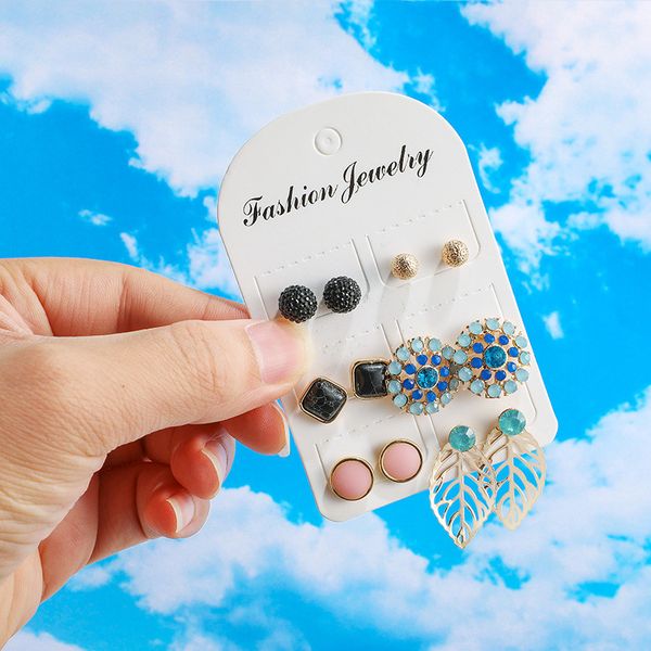 

6set/pair hollow leaf geometric resin stud earrings mosaic crystal gold color alloy stud earrings for women wedding jewelry, Golden;silver