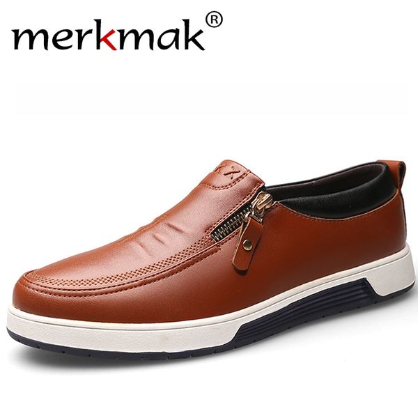

merkmak large size 38-47 pu leather men casual shoe business work soft sole leather flats british style classic zipper sneakers, Black