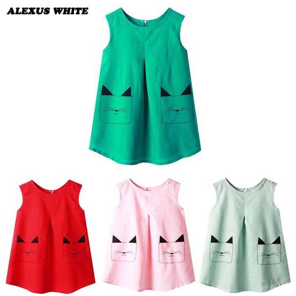 

детские жилетные платья хлопок и лен летние платья для девочек хлопок мультфильм кошка принт цвет зеленый красный для девочек повседневный с, Red;yellow