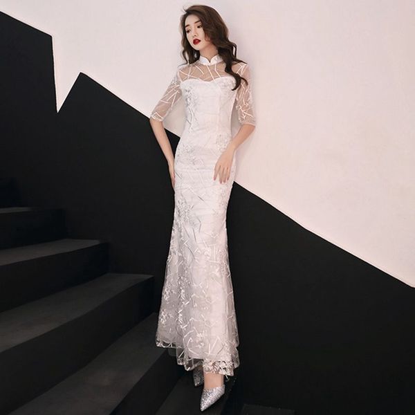 

3/4 sleeve women cheongsam vintage evening party dress elegant exquisite qipao embroidery mandarin collar trumpet vestidos, Red