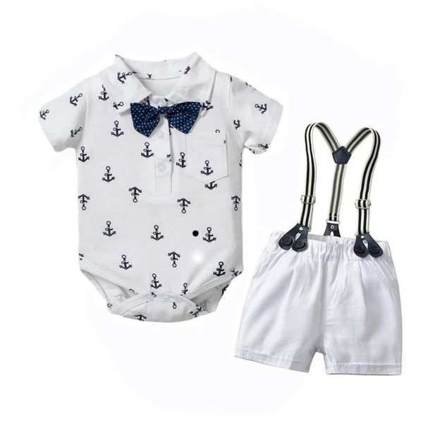 

infant newborn clothing boy clothes baby romper cotton iron anchor bow tie jumpsuit + strap + shorts infant romper kids outwear, White