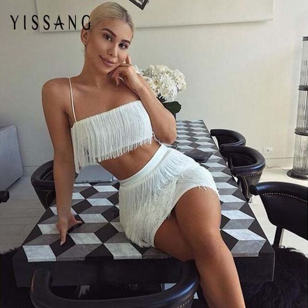 

yissang dress women spaghetti strap summer dresses off the shoulder bodycon two piece dresses with tassel, White;black