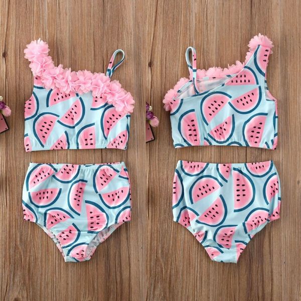 

new summer swimsuit fashion toddler infant baby girls watermelon swimsuit one shoulder swimwear swimming 3d flower 2pcs bikini children'