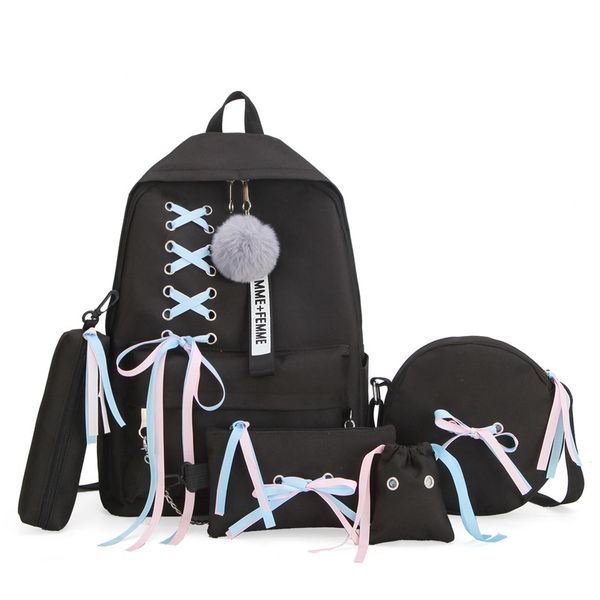 

2019 school bag for teenage girls kids backpack schoolbag women student bag black lace bow bundle 5pcs/set school backpacks set