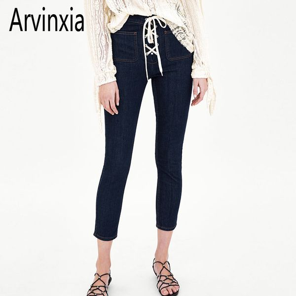 

arvinxia fashion hollow out lace up women denim jeans casual bow tie calf-length woman trousers new solid zipper ladiy pants, Blue