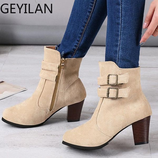 

2019 winter ankle boots women's rome plus size side zipper with belt buckle chunky heels boots shoes #g3, Black