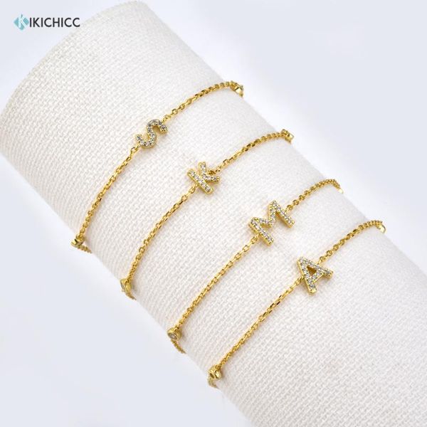

kikichicc 100% 925 sterling silver letter a m initial alphabet bracelet crystal cz zircon women bangle chain jewelry, Golden;silver