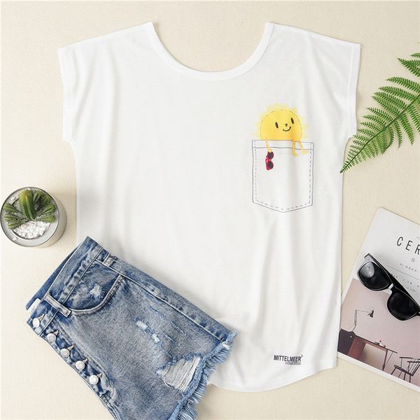 

women t shirt harajuku casual cartoon & tees plus size ladies short sleeve creative pocket sun print loose t-shirts simple, White