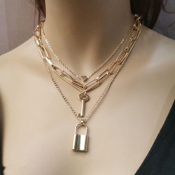 

diezi multilayer hip hop chain necklace vintage lock key heart pendant necklace for women fashion collier femme 2020 new jewelry, Silver