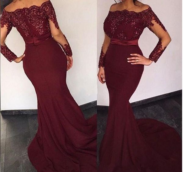 

african mermaid evening gowns burgundy off shoulder sequins sash illusion long sleeves prom dress sweep train dubai arabic style party dress, Black;red