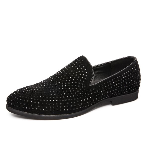 

men's plus size luxury fashion party nightclub dress soft leather shoes rhinestone slip on shoe smoking slippers mans loafers, Black