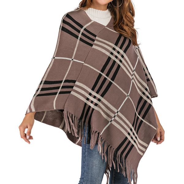 

fmfssom women poncho shawl cotton high-necked autumn winter warm scarf casual loose knitted striped tassel shawls, Black