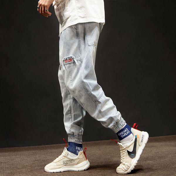 

mens hip hop joggers jeans design pockets casual cuffed pants high street trousers elastic waist skateboard sportswear for male, Blue