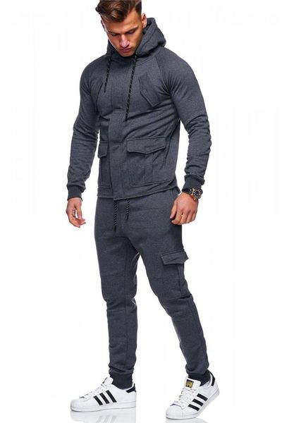 

mens designer solid color suit elastic band sports leisure 2 piece set hidden zipper cardigan long sleeved clothing, Gray