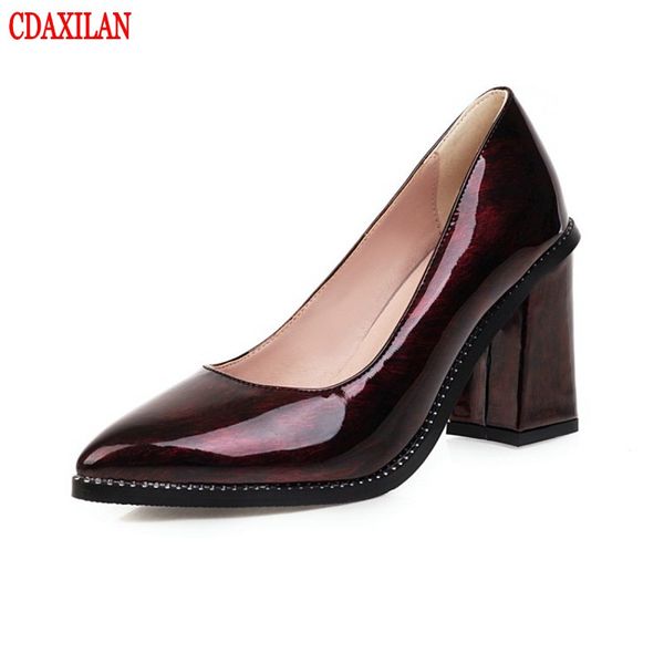 

cdaxialn new arrival pumps women pu leather pointed toe high heels square heels shallow shoes ladies party fashion shoes spring, Black