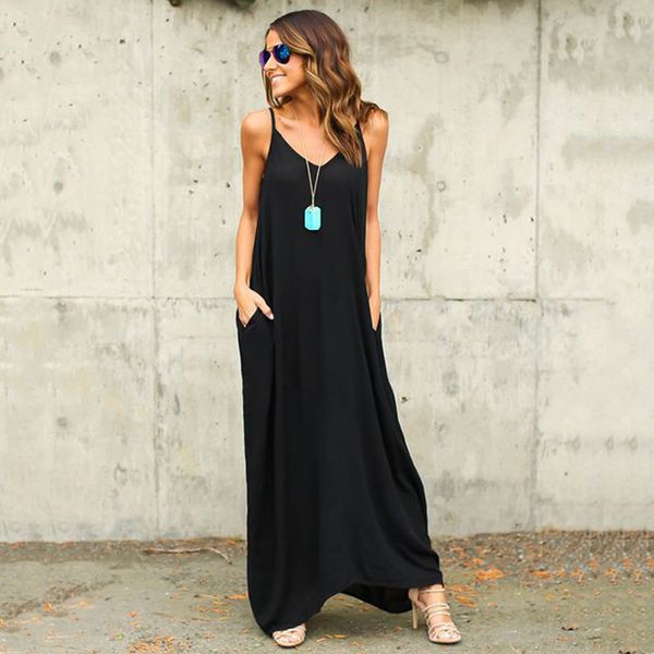 

loose v-neck long summer dress sleeveless beach dress new fashion women clothing vestidos white black casual maxi size -n, Black;gray