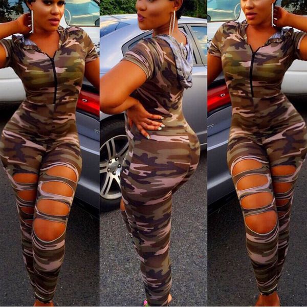 

2017 new camouflage jumpsuit hooded overalls women bodysuit rompers womens hole army green suits plus size combinaison femme, Black;white