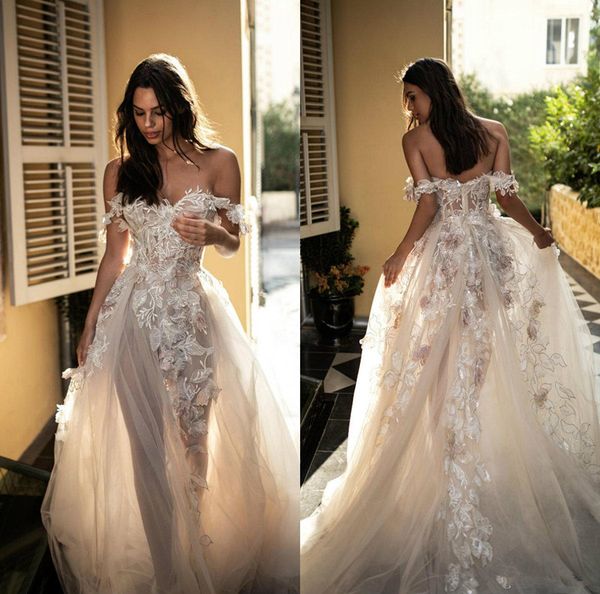 

2020 bohemian beach wedding dresses off the shoulder lace 3d floral applique boho bridal dress custom made summer a line wedding gowns, White