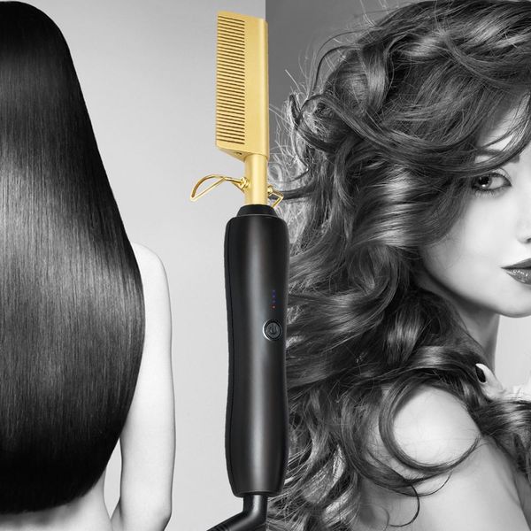 

2 in 1 hair straightener & curler electric iron comb gold titanium heating hair comb beard comb straightener iron