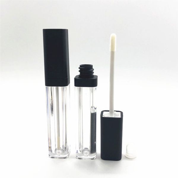 Tubo de brilho labial quadrado vazio de 5 ml, recipiente de plástico transparente para batom, bálsamo para os lábios, recipiente com pincel para os lábios, capa preta para maquiagem recarregável para os lábios faça você mesmo