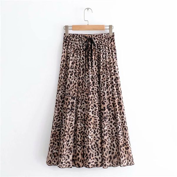 

2019 new women vintage leopard print pleated midi skirt faldas mujer for ladies elastic waist sashes chic mid-calf female skirts, Black