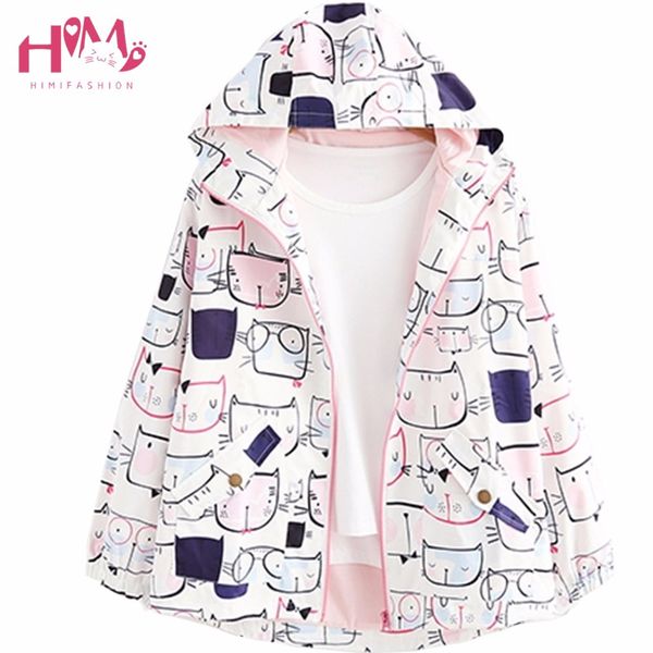 

autumn fashion women cute cartoon print hooded coat fresh cute student loose casual brief long sleeve arbitrary combination coat, Tan;black