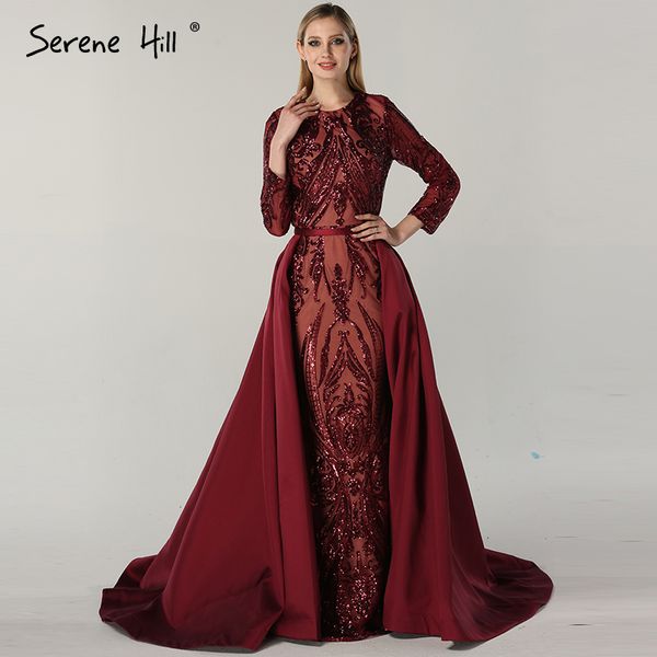 

wine red vintage a-line fashion evening dresses 2019 new sequined appliques with detachable train formal dress bla6613, White;black