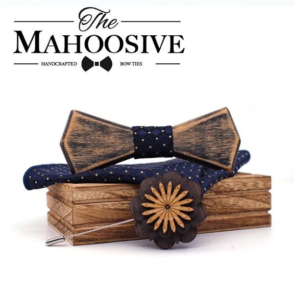 

old colored vantage wooden hollow wood bow ties bowtie with pocket square brooch for men christmas gift set with box ties, Black;gray