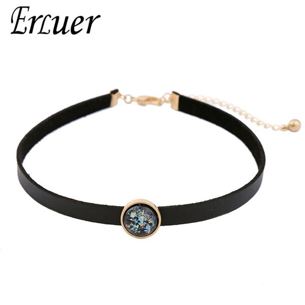 

fashion retro short choker round stone necklaces for women girls black leather ribbon chain party charm jewelry neck accessories, Golden;silver
