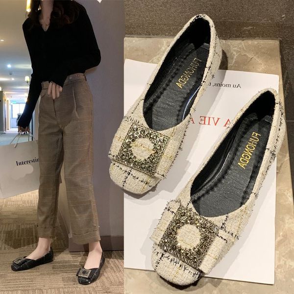 

casual woman shoe winter shoes women square toe crystal shallow mouth rhinestone new rubber lace-up solid basic fabric buckle, Black