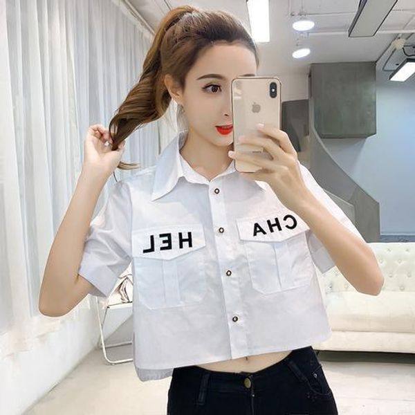 

vintage 2019 new pocket women brief loose korean camisas single breasted fashion letter casual blusa feminina t200321, White