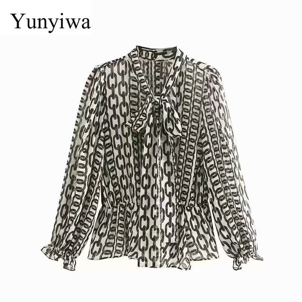 

women's blouses & shirts women vintage chain printing casual smock bow tied business roupas autumn femininas chemise, White