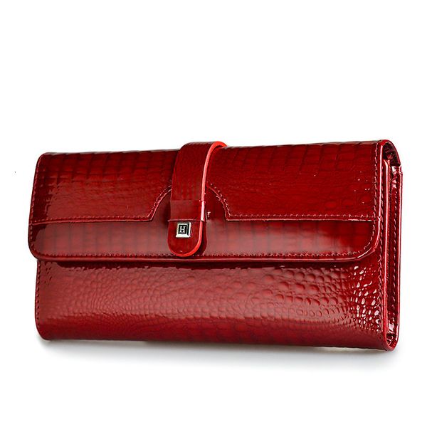 

women long wallet genuine leather wallets red aligator pattern cowhide purse three fold large capacity clutch wallet, Red;black