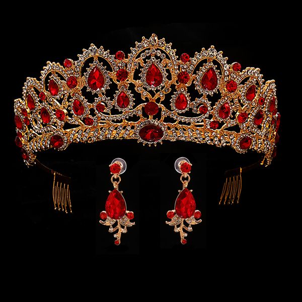 

red wedding crown gold royal bridal tiara queen bride crown and earring pageant baroque headband princess hair jewelry ornament t190620, Golden;white