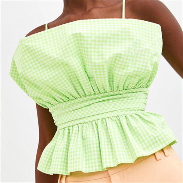 

spaghetti straps crop women ruffles summer 2020 streetwear plaid ladies camis tank slim casual cropped feminino, White